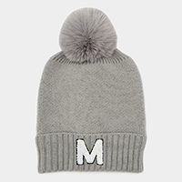 -M- Monogram Faux Fur Pom Pom Knit Beanie Hat