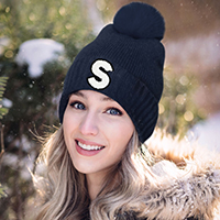 -S- Monogram Faux Fur Pom Pom Knit Beanie Hat