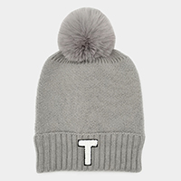 -T- Monogram Faux Fur Pom Pom Knit Beanie Hat