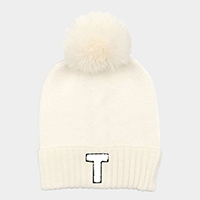 -T- Monogram Faux Fur Pom Pom Knit Beanie Hat