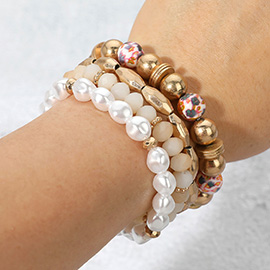 4PCS - Printed Ball Pearl Faceted Beaded Stretch Bracelets