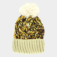 Sequin Pom Pom Knit Beanie Hat