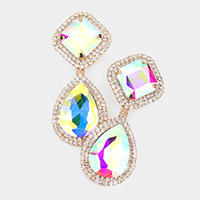 Square Teardrop Stone Accented Dangle Evening Clip on Earrings