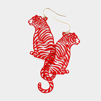 Cut Out Brass Metal Tiger Dangle Earrings