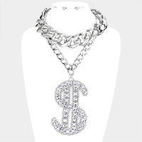 Oversized Dollar Sign Pendant Double Layered Necklace