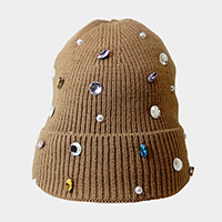 Pearl Jewel Embellished Fleece Lining Knit Beanie Hat 