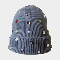 Pearl Jewel Embellished Fleece Lining Knit Beanie Hat 