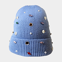 Pearl Jewel Embellished Fleece Lining Knit Beanie Hat 