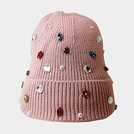 Pearl Jewel Embellished Fleece Lining Knit Beanie Hat