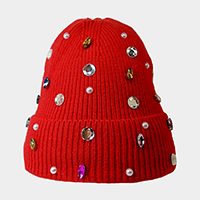 Pearl Jewel Embellished Fleece Lining Knit Beanie Hat 