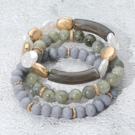 3PCS - Semi Precious Stone Pearl Resin Beaded Stretch Bracelets