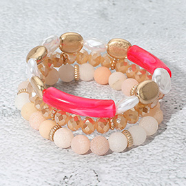 3PCS - Semi Precious Stone Pearl Resin Beaded Stretch Bracelets