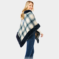 Plaid Check Patterned Faux Fur Trimmed Poncho