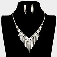 Round Stone Accented Rhinestone Fringe Necklace