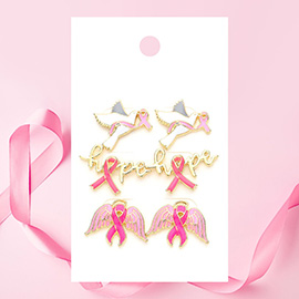 3Pairs - Pink Ribbon Bird Hope Message Wings Stud Earrings