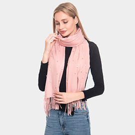 Pearl Embellished Solid Fringe Oblong Scarf