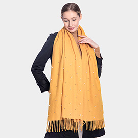 Pearl Embellished Solid Fringe Oblong Scarf