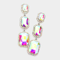 Triple Emerald Cut Stone Link Dangle Evening Earrings