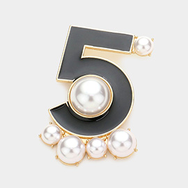 Pearl Embellished Enamel NO. 5 Pin Brooch