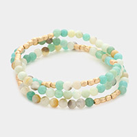 3PCS - Natural Stone Metal Beaded Stretch Bracelets