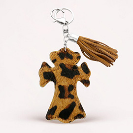 Leopard Patterned Genuine Fur Calf Cross Tassel Keychain / Bag Charm