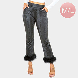 Faux Fur Trimmed Snake Skin Patterned Fleece Pants