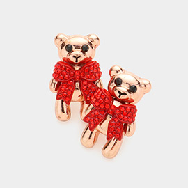 Rhinestone Embellished Bow Bear Stud Earrings