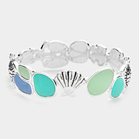 Sea Glass Metal Turtle Starfish Sand Dollar Stretch Bracelet