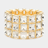 3Rows Square Stone Stretch Evening Bracelet