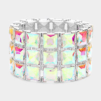 3Rows Square Stone Stretch Evening Bracelet