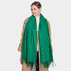 Pearl Embellished Solid Fringe Oblong Scarf