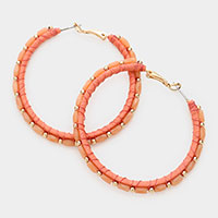 Metal Ball Rectangle Bead Trimmed Raffia Wrapped Hoop Earrings