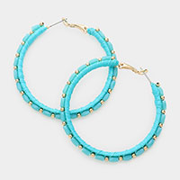 Metal Ball Rectangle Bead Trimmed Raffia Wrapped Hoop Earrings