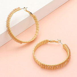 Rectangle Bead Trimmed Raffia Wrapped Hoop Earrings