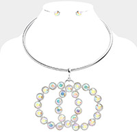 Round Stone Embellished Double Open Circle Link Necklace