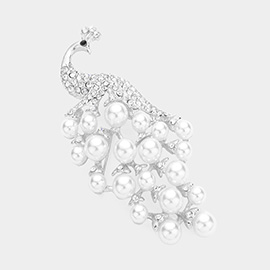 Pearl Rhinestone Embellished Peacock Pin Brooch