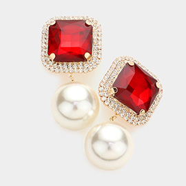 Square Stone Pearl Link Dangle Evening Clip on Earrings