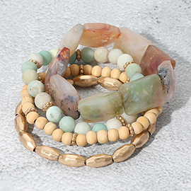 4PCS - Semi Precious Wood Ball Stretch Bracelets