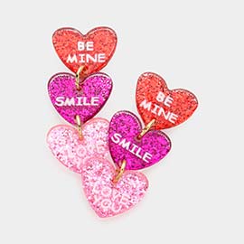 Be Mine Smile Love You Message Glittered Triple Resin Heart Link Dangle Earrings