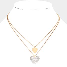 Metal Rhinestone Pave Heart Pendant Double Layered Necklace