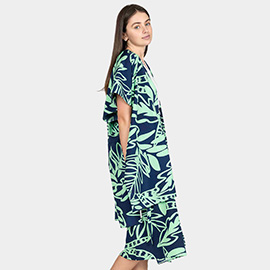 Leaf Patterned Cover Up Kimono Poncho