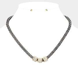 Rhinestone Embellished Triple Ring Accented Necklace