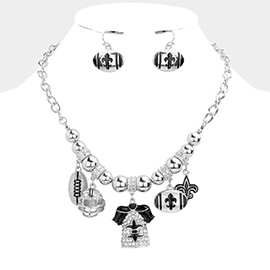 Rhinestone Embellished Fleur de Lis Accented Football Helmet Uniform Pendant Necklace