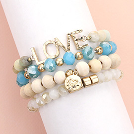 4PCS - LOVE Message Heart Charm Accented Semi Precious Wood Ball Stretch Bracelets