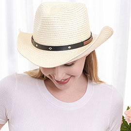 Faux Leather Band Straw Panama Sun Hat