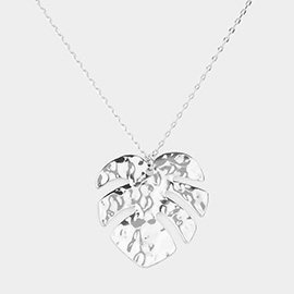 Hammered Metal Tropical Leaf Pendant Necklace