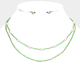 Pearl Station Tube Beaded Double Layered Necklace