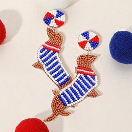Felt Back American USA Flag Seed Beaded Seal Dangle Earrings