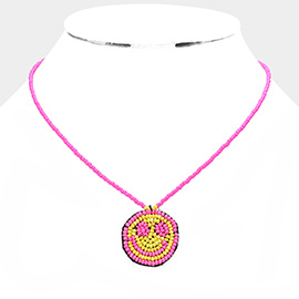 Felt Back Seed Beaded Smile Pendant Necklace