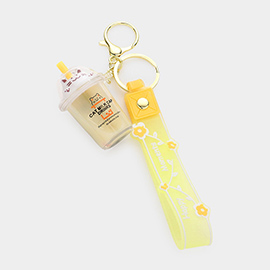 Bubble Tea Cat Milk Cap Drink Strap Keychain